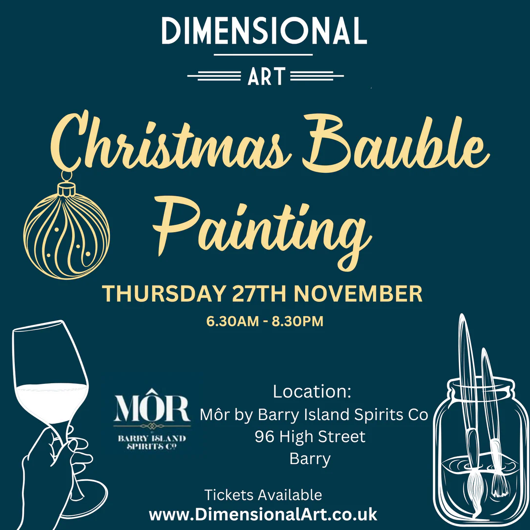 Promotional flyer for Christmas Bauble Painting event with event details and branding.